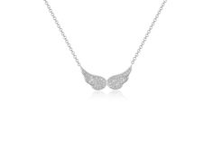 14k (karat) white gold necklaces with double angel wings encrusted with diamonds Elegant Wing-shaped White Gold Necklace, Elegant White Gold Wing-shaped Necklace, Elegant Sterling Silver Winged Necklace, Silver Angel Wings Necklace, Purity Necklace, Silver Angel Wings, Angel Wing Necklace, Wing Necklace, Rose Yellow