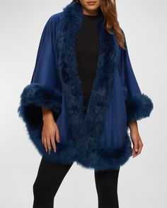 Gorski cashmere capelet with dyed lamb shearling (Spain) trim    Approx. 28"L    Open front    Front hook closure    3/4 sleeves    Lining: Cashmere    Professional cleaning recommended    Imported Professional Cleaning, Outerwear Jackets, Front Open, Neiman Marcus, Top Brands, Dark Blue, Tops Designs, Cashmere, Spain