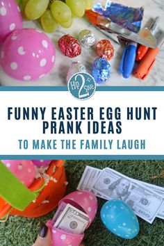 an easter egg hunt with candy, money and other items on the ground in front of it