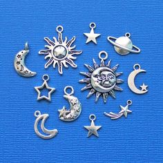 Celestial Charm Collection Antique Silver Tone 11 Charms - Sun Moon St | Bohemian Findings Tarot Bags, Charm Collection, Metal Charm, Star Charms, Sun Moon, Silver Charms, Jewelry Supplies, Cross Pendant, Online Jewelry