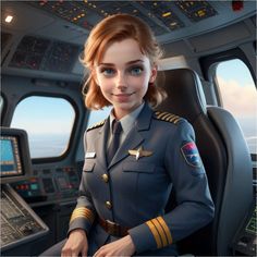 a woman in uniform is sitting in the cockpit of an airplane and looking at the camera