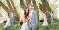 a man and woman standing next to each other in front of a tree with their arms around each other