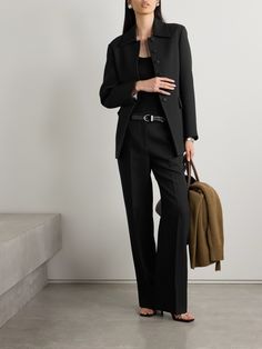 Veronica de Piante's collections encompass modern, versatile tailoring that feels luxurious. Made from Italian wool-twill, these 'Riley' pants have straight legs with sharply pressed creases. Wear yours with a fine knit and the matching 'Stella' blazer. Chic Wide-leg Pants Suits For Office, Timeless Fall Workwear Pantsuit, Elegant Workwear Pantsuit With Pressed Crease, Timeless Fall Pantsuit For Work, Elegant Pantsuit With Pressed Crease For Work, Chic Workwear Pantsuit With Pressed Crease, Modern Straight Silhouette Bottoms For Workwear, Chic Straight Hem Business Pants, Elegant Pants With Pressed Crease And Straight Silhouette