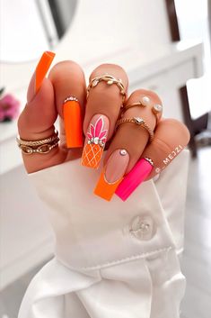 Looking for some bright & trendy summer nails? Try these totally cute and fun spring nail art ideas and designs for this year Fun Summer Nails Bright Coffin, Nails Pineapple Design, Orang Nails Ideas, Bright Pink Orange Nails, Summer Nail Ideas Orange, Nails Idee Summer, Spring Theme Nails, Cute Orange Nail Ideas, Pineapple Nails Design