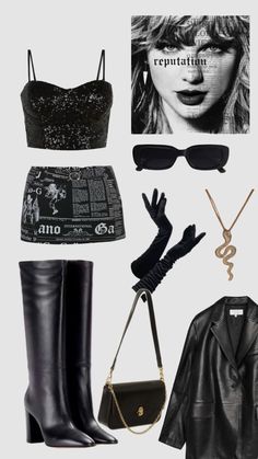 a woman's outfit and accessories including boots, jacket, handbag, hat, sunglasses