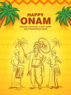 happy onam greeting card with two men and palm trees in the background royalty illustration