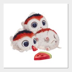 three stuffed animals with big eyes and watermelon slices on the ground next to each other