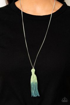 A knotted tassel gradually fades from green to blue at the bottom of a lengthened silver chain, creating a colorful pendant. Features an adjustable clasp closure. Sold as one individual necklace. Includes one pair of matching earrings. Live Text, Green To Blue, Mobile Boutique, Easy Jewelry, Paparazzi Accessories, Green Item, Green Necklace, Fashion Jewelry Necklaces, Necklace Earring Set