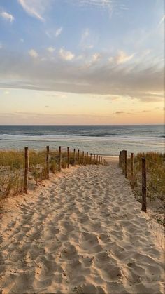 a sandy path leading to the beach with ocean and sky in the background at sunset