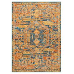 an orange, blue and yellow area rug with ornate designs on the bottom half of it