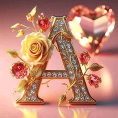 the letter a is surrounded by jewels and flowers in front of a heart shaped diamond