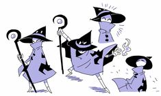 three cartoon characters dressed in witches and hats, one holding a staff while the other looks on