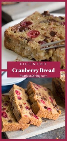 a collage of cranberry bread on a plate with a knife and fork