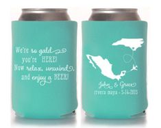 two can coolers with wedding date printed on the front and back one is navy blue