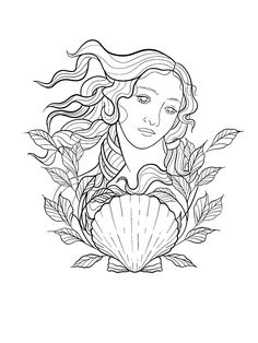 a drawing of a woman with long hair and leaves