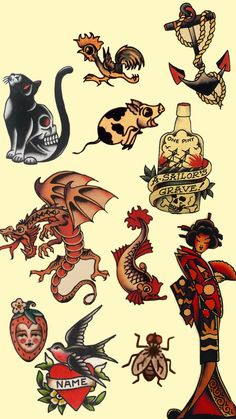 an assortment of tattoo designs on a white background