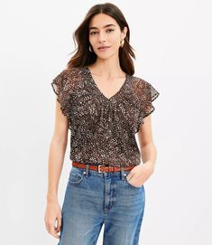 Dotted Flutter V-Neck Top Shirts And Blouses, Hip Style, Trendy Tops For Women, Exclusive Clothing, Petite Tops, Woven Top, Sweater Sale, Grey Shirt, New Tops