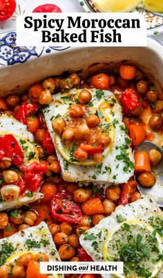 baked fish with tomatoes and chickpeas in a baking dish