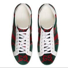 Just In Time For The Holidays! Great Colors Red, Green & White Gucci's 'New Ace' Sneakers Are Plush Velvet Printed With The Label's 'Gg Logo All-Over - Traced With White Leather, Chunky 20mm Soles. Comes With 2 Dust Bags, & Extra Laces. These Are Are Size 7 Mens. This Style Run Large. Fits Like A Mens Us8 And A Womens 91/2- 10. Feel Free To Ask Questions Also Listed On M.E.R.C.A.R.I With Free Shipping If Interested. Designer Gucci Low-top Custom Sneakers, Gucci Green Sneakers With Rubber Sole, Gucci Lace-up Sneakers With Red Sole, Red Sporty Gucci Sneakers, Designer Red Gucci Sneakers, Gucci Red Sporty Sneakers, Gucci Green Lace-up Sneakers, Designer Gucci Custom Sneakers With Round Toe, Gucci Sneakers