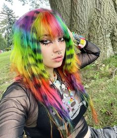 Rainbow Emo Hair, Scene Rainbow Hair, Rainbow Raccoon Tail Hair, Lisa Frank Hair, Rainbow Streaks In Hair, Hair Dye Ideas Alt, Scenecore Hair, Scene Hair Dye, Rainbow Curly Hair