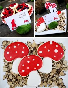 red and white cookies decorated like toad's ears with berries on the top, along with other treats