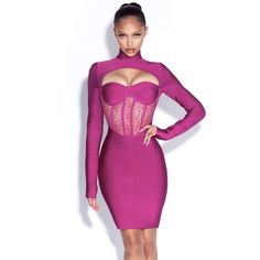 Oozing Sexy Appeal , Ruby Pink Long Sleeve Lace Bandage Dress Was Not Designed For The Coy Or Shy. Cut From Our Signature Bandage This Sultry Number Features Lace Paneling And Padded Cups. With A High Neck Line And Concealed Zipper, This Bodycon Gem Is Sure To Be Become A Rumor Apparel Favorite. Materials: Bandage True To Size Concelaed Zipper Clean: Dry-Clean Only Purple Long Sleeve Club Dress, Purple Long Sleeve Dress For Club, Purple Long Sleeve Mini Dress For Club, Purple Long Sleeve Bodycon Dress For Club, Long Sleeve Purple Bodycon Dress For Club, Lace Bandage Dress, Long Sleeve Bandage Dress, Bandage Midi Dress, Club Party Dresses