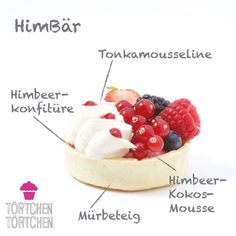 an image of a fruit tart with the words in german on it's side