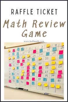 a bulletin board with post it notes on it and the words raffle ticket math review game