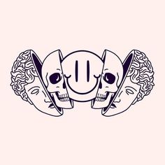 two skulls with faces in the middle and one behind them, on a pink background