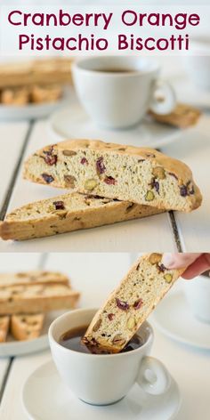 cranberry orange pistachio biscotti is cut in half and served with coffee