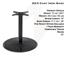 an image of a table base with the measurements for each item in front of it