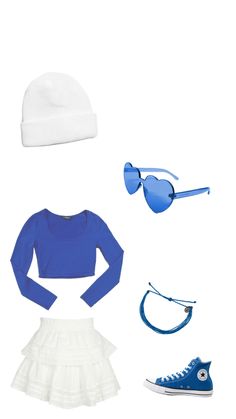 a woman's outfit and accessories are arranged in the shape of a hat, sunglasses, tennis shoe, blue sweater, white skirt