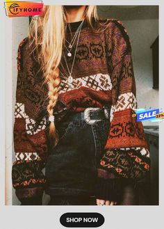 Loose Crew Neck Boho Wool/knitting Sweater Stile Hippie Chic, Looks Hippie, Hippie Aesthetic, Boho Mode, Mode Hippie, Looks Country, Fashion 90s, Estilo Hippie, Puff Sleeve Sweater