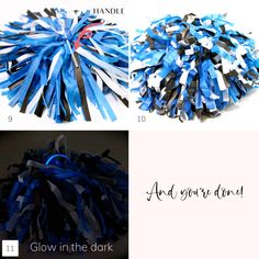 blue and white paper streamers are shown in three different pictures, one with the words glow in the dark