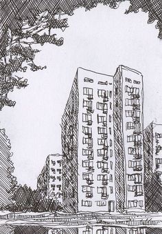 a black and white drawing of two tall buildings next to each other with trees in the background