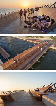 two pictures of people laying on the dock