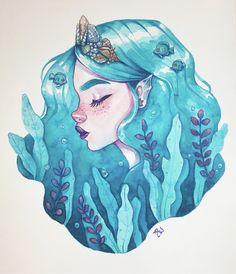 a drawing of a woman with blue hair and butterflies on her head, surrounded by seaweed