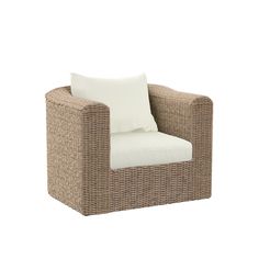 a brown chair with white pillows on it's back and seat cushion in the middle