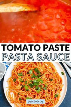 tomato pasta sauce in a white bowl with the title above it