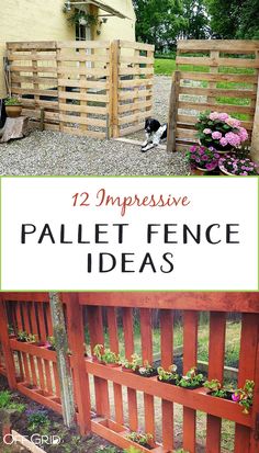 some wooden pallet fence with flowers in them and the words 12 impressive pallet fence ideas