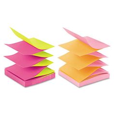 three different colored sticky notes are stacked on top of each other, one is pink and the other is yellow