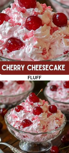 cherry cheesecake fluff in a glass bowl with cherries on top and the text overlay reads cherry cheesecake fluff