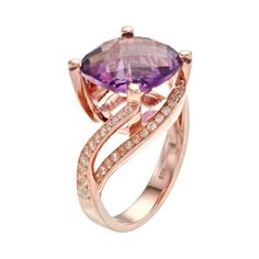 Designed with a cushion-cut genuine amethyst center stone and lab-created white sapphires along the twisted band, this ring provides scintillating style.RING DETAILS Width: 0.45 in. Metal: sterling silver Plating: 14k rose gold Finish: polished Packaging: boxed STONE DETAILS Stone type: amethyst, lab-created white sapphire Total weight: 9 9/10 ct. Center stone weight: 8 7/8 ct. Center stone size: 13 mm Shape: cushion cut, round Setting: prong Gemstones may have been treated to enhance their appe Elegant Cushion Cut Amethyst Ring, Elegant Purple Cushion Cut Amethyst Ring, Elegant Cushion Cut Amethyst Ring With Accent Stones, Elegant Amethyst Cushion Cut Rings, Geometric Wolf Tattoo, Geometric Wolf, White Sapphire Ring, Amethyst Gold, Twisted Band