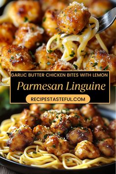 chicken parmesan linguine with garlic butter and lemon sauce in a bowl