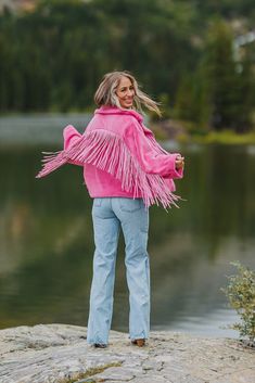 Pink Suede Jacket Outfit, Pink Fringe Jacket, Pink Suede Jacket, Suede Jacket Outfit, Fancy Fits, Statement Jacket, Fringe Jacket, Suede Fringe, Pink Suede