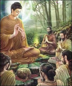 a painting of buddhas sitting in the middle of a forest with their hands together