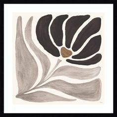 a black and white flower with leaves in it's center, framed art print