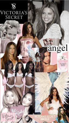 the victoria's secret angel collage is shown in black and white, with pink accents