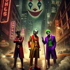 three jokers standing in the middle of a city street