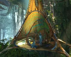 an artist's rendering of a tree house in the jungle with people on it